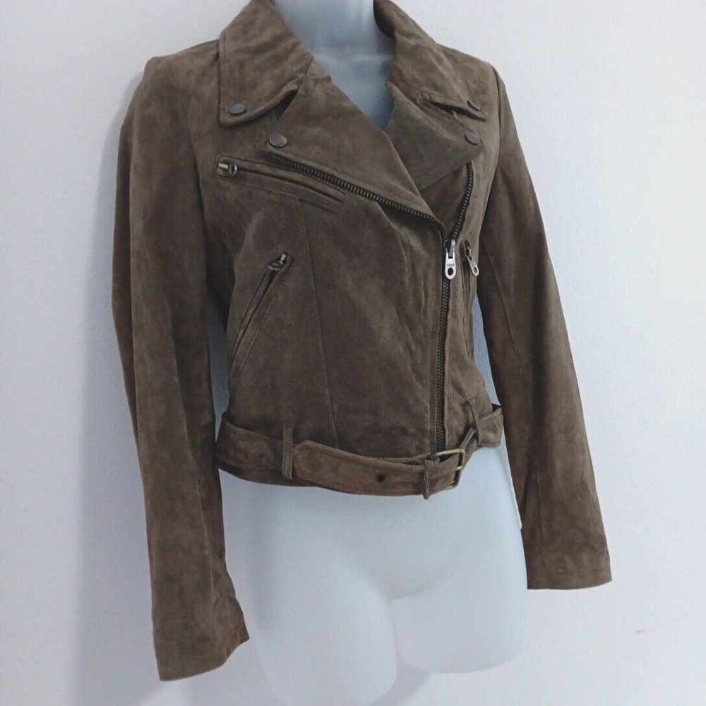 Suede Jacket Womens SMALL Moto Beige Taupe Rock Y2K‎ Leather Khaki Grunge Biker - Picture 3 of 14